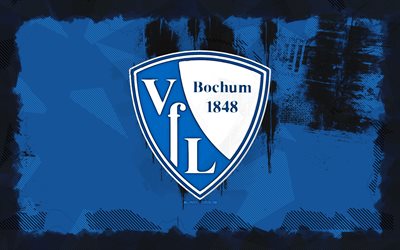 vfl bochum 그런지 로고, 4k, 분데스리가, 파란색 그런지 배경, 축구, vfl bochum emblem, vfl bochum 로고, vfl bochum, 독일 축구 클럽, bochum fc