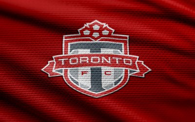شعار نسيج تورنتو fc, 4k, خلفية النسيج الأحمر, mls, خوخه, كرة القدم, toronto fc logo, toronto fc emblem, تورنتو fc, نادي كرة القدم الكندي, fc toronto