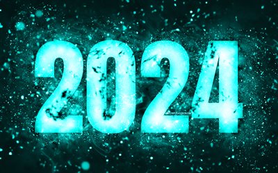 4k, 2024 년 새해 복 많이 받으세요, 청록색 네온 조명, 2024 개념, 2024 새해 복 많이 받으세요, 네온 예술, 창의적인, 2024 청록색 배경, 2024 년, 2024 청록색 숫자