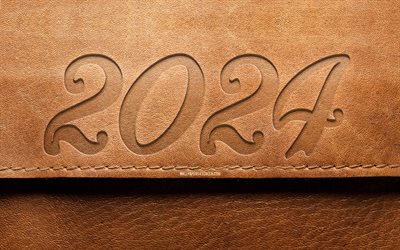 2024 Happy New Year, 4k, leather digits, 2024 brown background, 2024 concepts, 2024 leather digits, Happy New Year 2024, creative, 2024 year