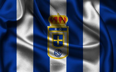 4k, real logotipo de oviedo, tela de seda blanca azul, equipo de fútbol español, emblema real de oviedo, división de segunda, oviedo real, españa, fútbol americano, bandera real de oviedo