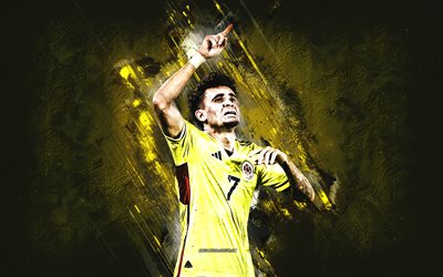 luis diaz, die kolumbianische nationalfußballmannschaft, kolumbianischer fußballspieler, gelber steinhintergrund, kolumbien, fußball