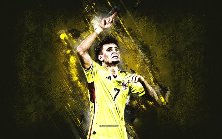 luis diaz, colombia national football team, colombiansk fotbollsspelare, gul stenbakgrund, colombia, fotboll