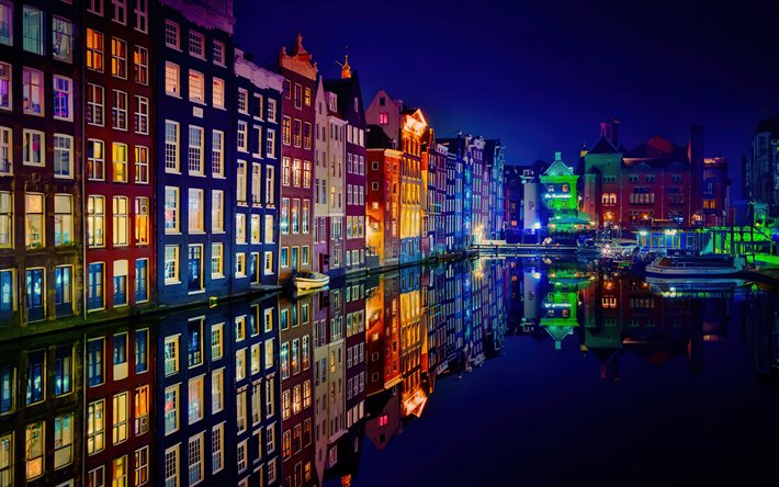 amsterdam, 4k, ciudades holandesas, paisajes nocturnos, reflexiones, capital de los países bajos, países bajos, europa, paisaje urbano de amsterdam, panorama de amsterdam