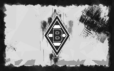 Borussia Monchengladbach grunge logo, 4k, Bundesliga, black grunge background, soccer, Borussia Monchengladbach emblem, football, Borussia Monchengladbach logo, Borussia Monchengladbach, german football club, Borussia Monchengladbach FC