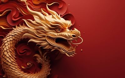 dragón dorado 3d, símbolo de 2024, dragones, fondo rojo, arte 3d, año del dragón, dragón creativo