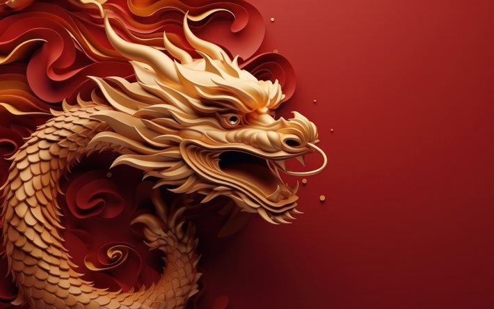 dragão dourado 3d, símbolo de 2024, dragões, fundo vermelho, 3d art, ano do dragao, dragão criativo