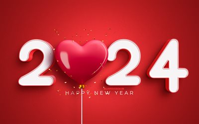 2024 Happy New Year, 4k, 3D pink heart, 2024 purple background, 2024 concepts, white 3D digits, 2024 golden digits, Happy New Year 2024, creative, 2024 year