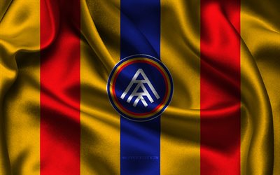 4k, fc andorra logo, rot gelbe seidenstoff, spanische fußballmannschaft, fc andorra emblem, segunda division, fc andorra, spanien, fußball, fc andorra flag