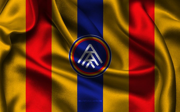 4k, fc andorra  logo, punainen keltainen silkkikangas, espanjan jalkapallojoukkue, fc andorran tunnus, segunda  osasto, fc andorra, espanja, jalkapallo, fc andorran lippu