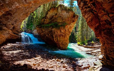 waterfall, cave, Bow River, canyon, rocks, Johnston Canyon, mountain river, mountain waterfall, Canada, Rocky Mountains