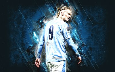 Erling Haaland, Manchester City FC, football star, Man City, Norwegian football player, blue stone background, Premier League, England, football