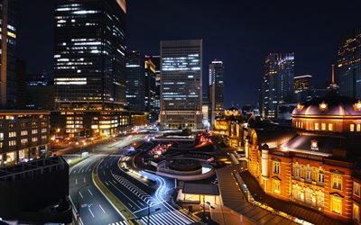 طوكيو, اليابان, ليلة, بناء, الطريق