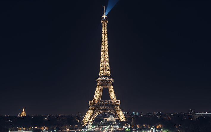 Eyfel Kulesi, 4k, panorama, gece lambaları, Paris, Fransa
