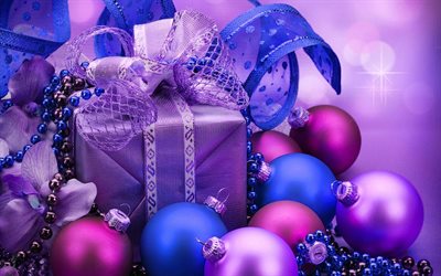 Christmas, purple gifts box, decorations, New Year