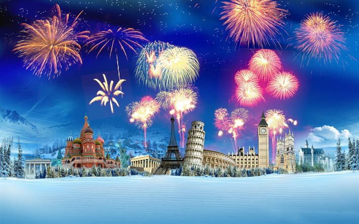 Happy New Year, world landmarks, winter, fireworks, Christmas, New Year