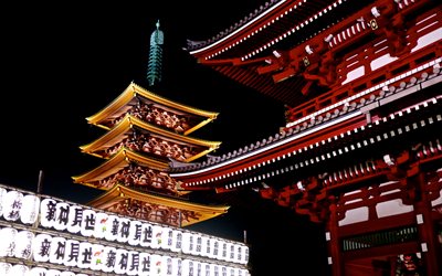4k, Tokyo, gece, tapınak, Japonya, Asya