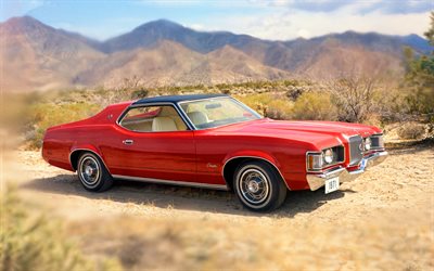 ميركوري كوغار xr 7, 4k, صحراء, 1971 سيارة, hdr, خارج المسار, أحمر ميركوري كوغار xr 7, 1971 ميركوري كوغار xr 7, السيارات الأمريكية, الزئبق