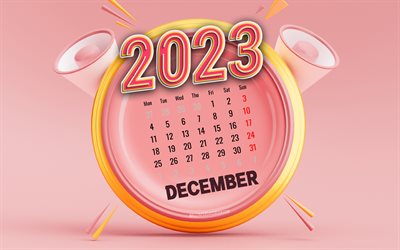 December 2023 Calendar, 4k, pink backgrounds, winter calendars, 2023 December Calendar, 2023 concepts, pink 3D clock, 2023 calendars, December