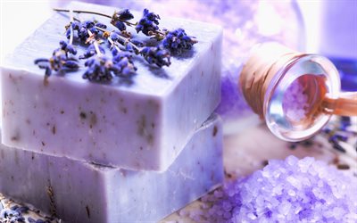 lavender soap, 4k, spa accessories, lavender branch, purple soap, lavender salt, spa treatments, beauty salon