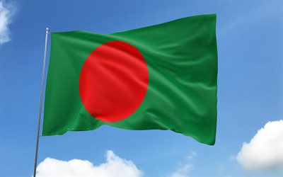 bangladesh flagga på flaggstången, 4k, asiatiska länder, blå himmel, bangladesh flagga, vågiga satinflaggor, bangladeshisk flagga, bangladeshiska nationella symboler, flaggstång med flaggor, bangladeshs dag, asien, bangladesh