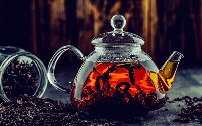 chá preto, preparação de chá, bule com chá, folhas de chá preto, chá de ceilão, conceitos de chá, cerimônia do chá, bule de vidro