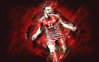 Gareth Bale, Wales national football team, portrait, Welsh footballer, red stone background, Qatar 2022, football, grunge art