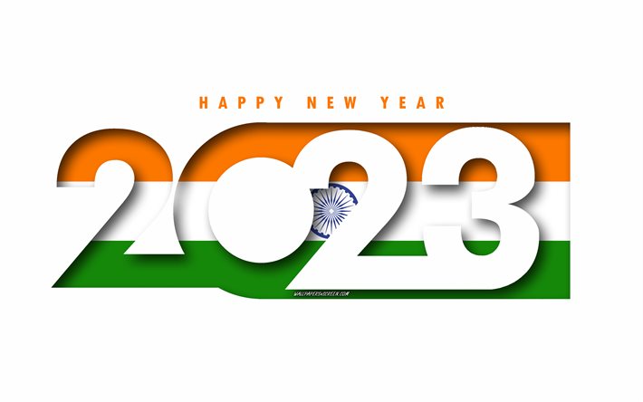 feliz ano novo 2023 índia, fundo branco, índia, arte mínima, conceitos da índia 2023, índia 2023, fundo da índia 2023, 2023 feliz ano novo índia