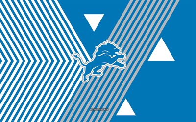 logo des lions de détroit, 4k, équipe de football américain, fond de lignes blanches bleues, lions de détroit, nfl, etats unis, dessin au trait, emblème des lions de détroit, football américain