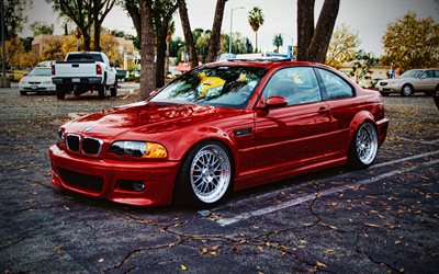 BMW M3, 4k, autumn, 2004 cars, parking, E46, lowriders, supercars, HDR, Red BMW M3, tuning, 2004 BMW M3, BMW E46, german cars, BMW