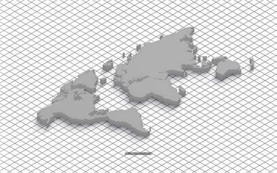 3d isometric world map, 4k, white background, world map, 3d art, world map silhouette, continents, 3d world map