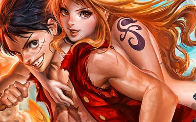 Nami, Monkey D Luffy, 3D art, One Piece, manga, protagonists, One Piece characters, artwork, Nami One Piece, Monkey D Luffy One Piece