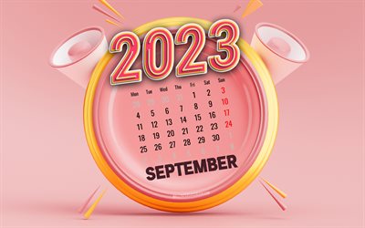 syyskuun 2023 kalenteri, 4k, vaaleanpunaiset taustat, syksyn kalentereita, 2023 konseptit, vaaleanpunainen 3d kello, 2023 kalenterit, syyskuu
