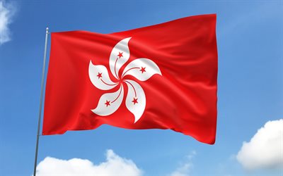 Hong Kong flag on flagpole, 4K, Asian countries, blue sky, flag of Hong Kong, wavy satin flags, Hong Kong flag, Hong Kong national symbols, flagpole with flags, Day of Hong Kong, Asia, Hong Kong