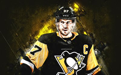Sidney Crosby, Pittsburgh Penguins, NHL, Canadian hockey player, captain, yellow stone background, USA, hockey, grunge art