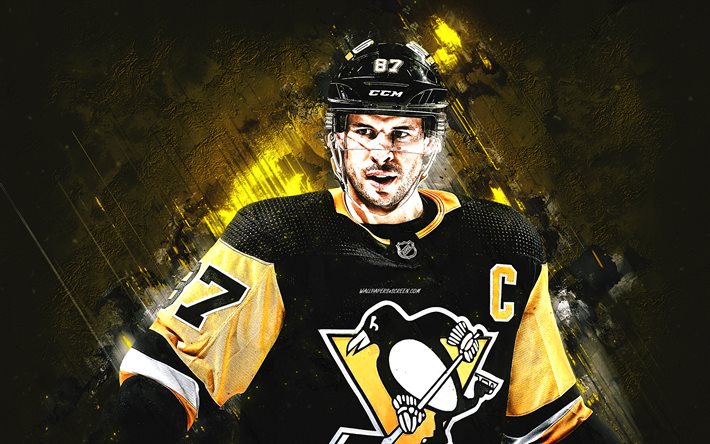 Sidney Crosby, Pittsburgh Penguins, NHL, Canadian hockey player, captain, yellow stone background, USA, hockey, grunge art