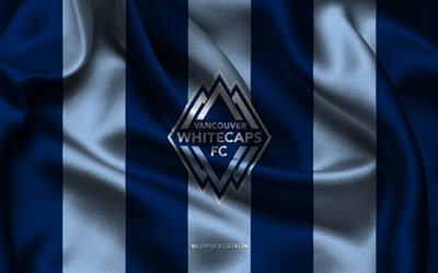4k, Vancouver Whitecaps FC logo, blue silk fabric, American soccer team, Vancouver Whitecaps FC emblem, MLS, Vancouver Whitecaps FC, USA, soccer, football, Vancouver Whitecaps FC flag