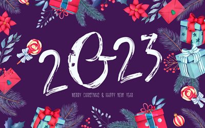 2023 Happy New Year, 4k, abstract art, white calligraphic digits, 3D art, 2023 concepts, artwork, 2023 3D digits, xmas decorations, Happy New Year 2023, creative, 2023 year, 2023 violet background
