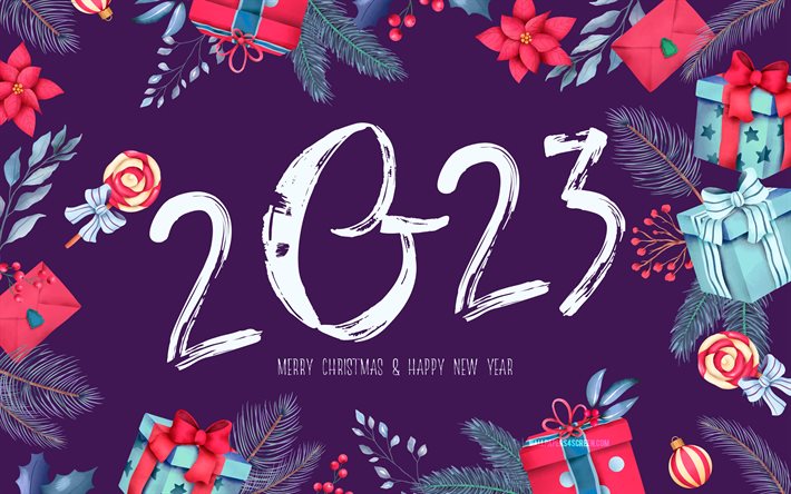 2023年明けましておめでとうございます, 4k, 抽象芸術, 白い筆文字, 3dアート, 2023年のコンセプト, アートワーク, 2023 3d 数字, クリスマスの飾り, 明けましておめでとうございます 2023, クリエイティブ, 2023年, 2023 紫色の背景