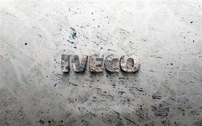 logo iveco in pietra, 4k, sfondo di pietra, logo iveco 3d, marchi automobilistici, creativo, marchio dell'iveco, arte del grunge, iveco