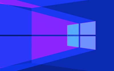 windows 10 추상 로고, 4k, 미니멀리즘, 파란색 배경, 네온 로고, 윈도우 10, 창의적인, 윈도우 10 미니멀리즘, 윈도우 10 로고