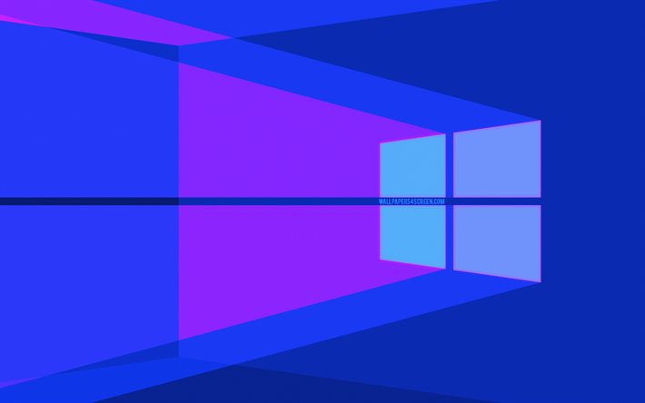 windows 10 추상 로고, 4k, 미니멀리즘, 파란색 배경, 네온 로고, 윈도우 10, 창의적인, 윈도우 10 미니멀리즘, 윈도우 10 로고