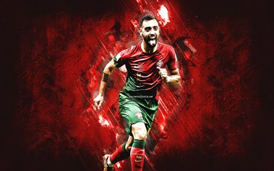 bruno fernandes, portugals fußballnationalmannschaft, portugiesischer fußballer, mittelfeldspieler, roter steinhintergrund, katar 2022, portugal, fußball