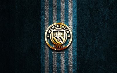 goldenes logo des manchester city fc, 4k, hintergrund aus blauem stein, erste liga, englischer fußballverein, manchester city fc logo, fußball, manchester city fc emblem, fc manchestercity, manchester city