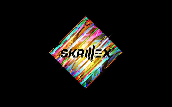Skrillex, 4k, लोगो, काले रंग की पृष्ठभूमि