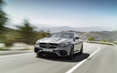Mercedes-Benz E63 AMG, sedans, 2017 cars, movement, gray e-class, Mercedes