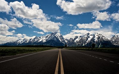 グランドティトン国立公園, 4k, 道路, 山々, ワイオミング州, 米国, 米