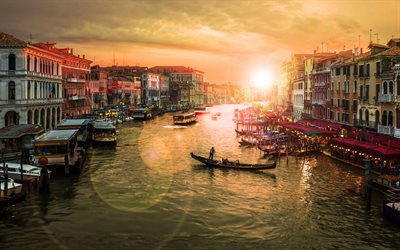 Venezia, gondola, canale, tramonto, Italia