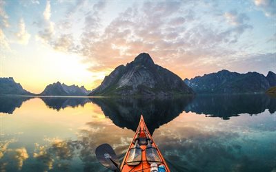 Noruega, río, kayak, Europa, extremo, puesta de sol