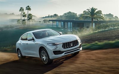 cruces, velocidad, 2016, Maserati Levante, coches de lujo, en movimiento, blanco Maserati